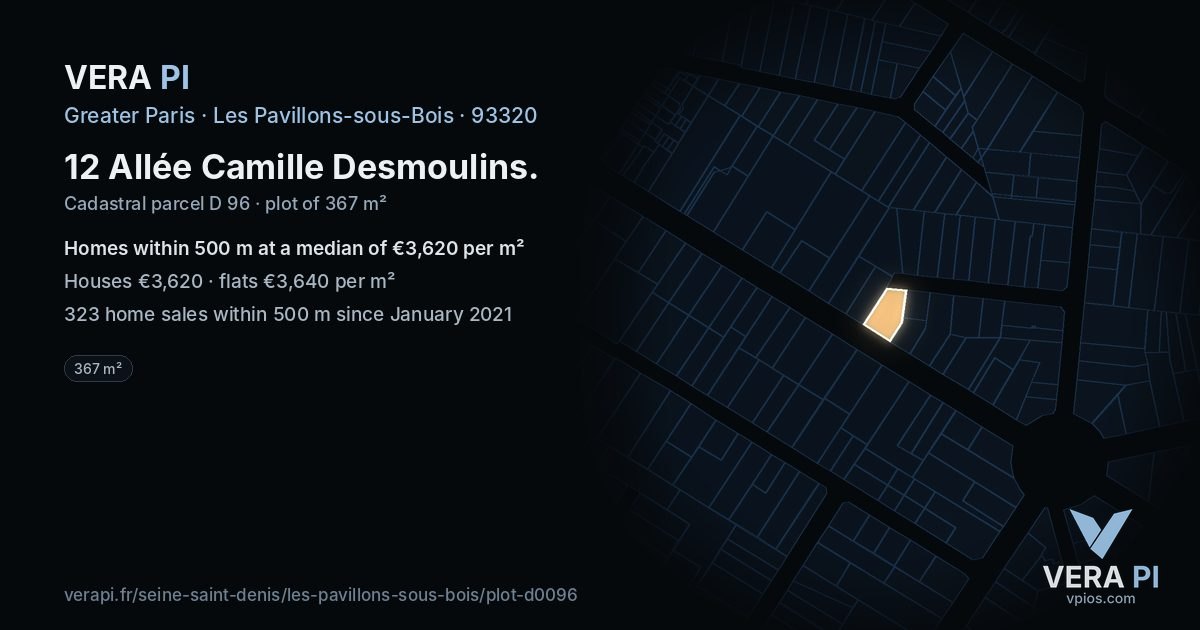 12 Allée Camille Desmoulins, Les Pavillons-sous-Bois at night – the plot lit, the parcels around coloured by the prices near them