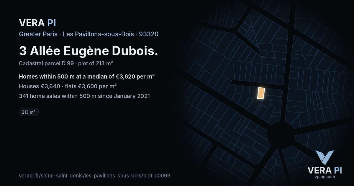 3 Allée Eugène Dubois, Les Pavillons-sous-Bois at night – the plot lit, the parcels around coloured by the prices near them