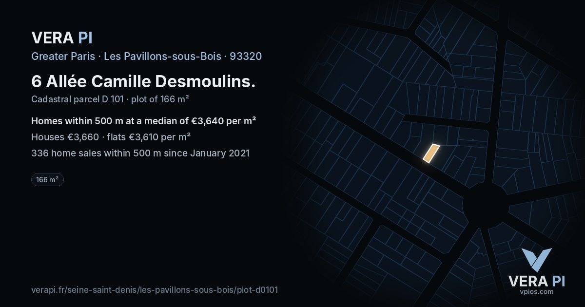 6 Allée Camille Desmoulins, Les Pavillons-sous-Bois at night – the plot lit, the parcels around coloured by the prices near them