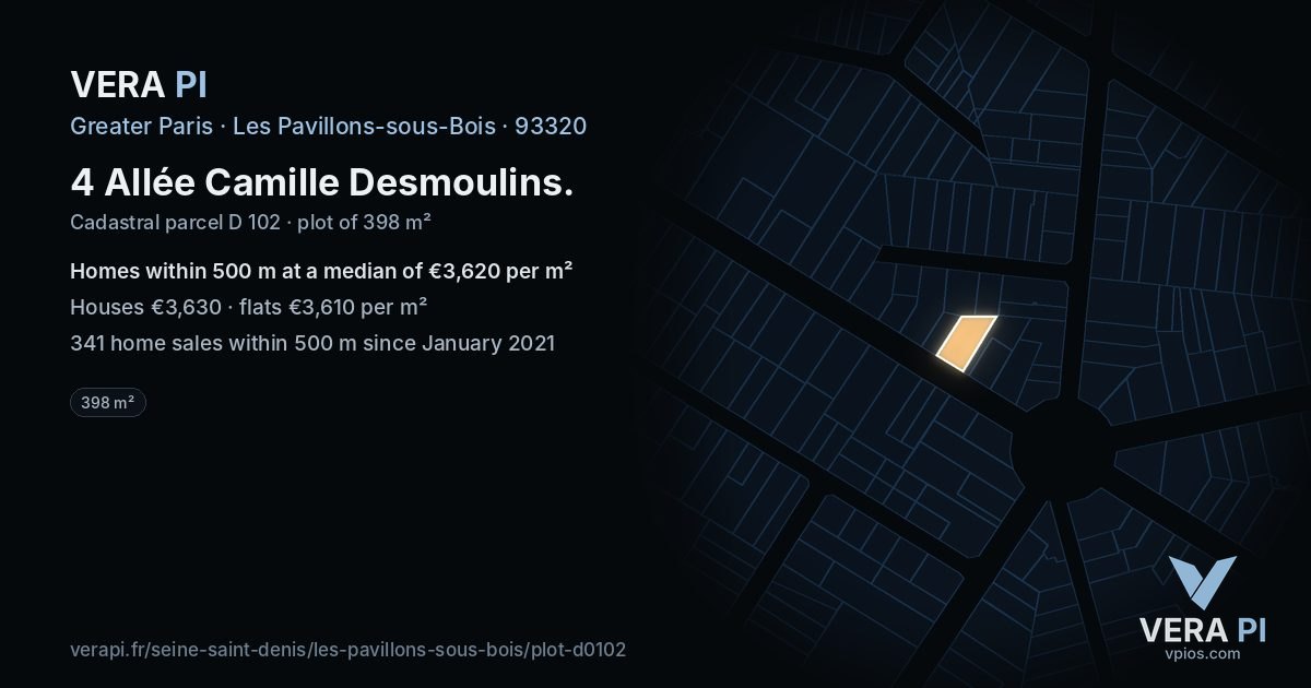 4 Allée Camille Desmoulins, Les Pavillons-sous-Bois at night – the plot lit, the parcels around coloured by the prices near them