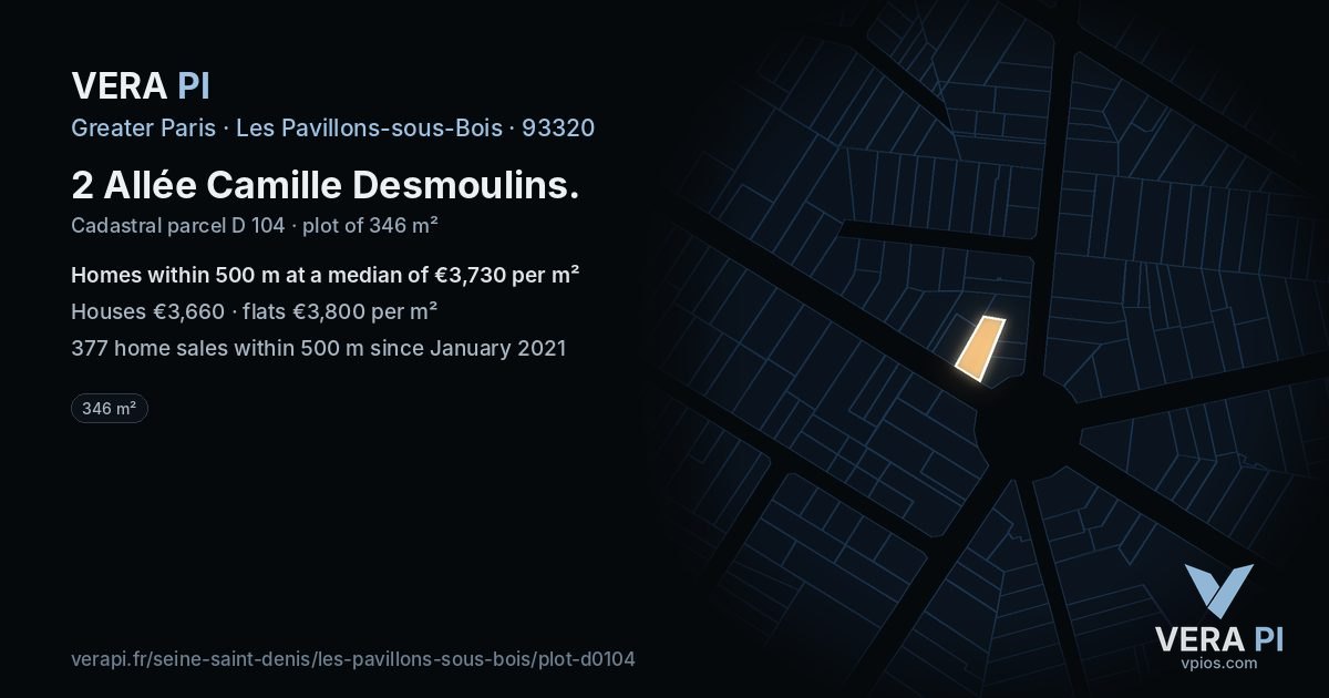 2 Allée Camille Desmoulins, Les Pavillons-sous-Bois at night – the plot lit, the parcels around coloured by the prices near them