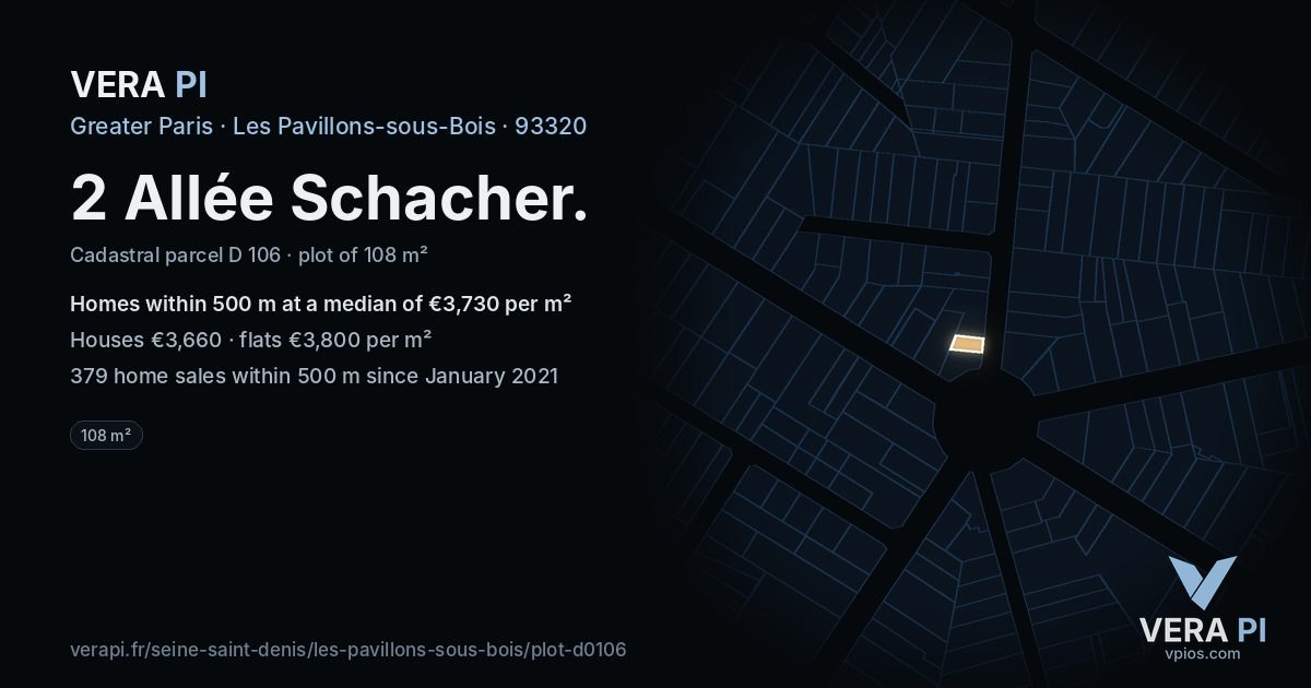 2 Allée Schacher, Les Pavillons-sous-Bois at night – the plot lit, the parcels around coloured by the prices near them