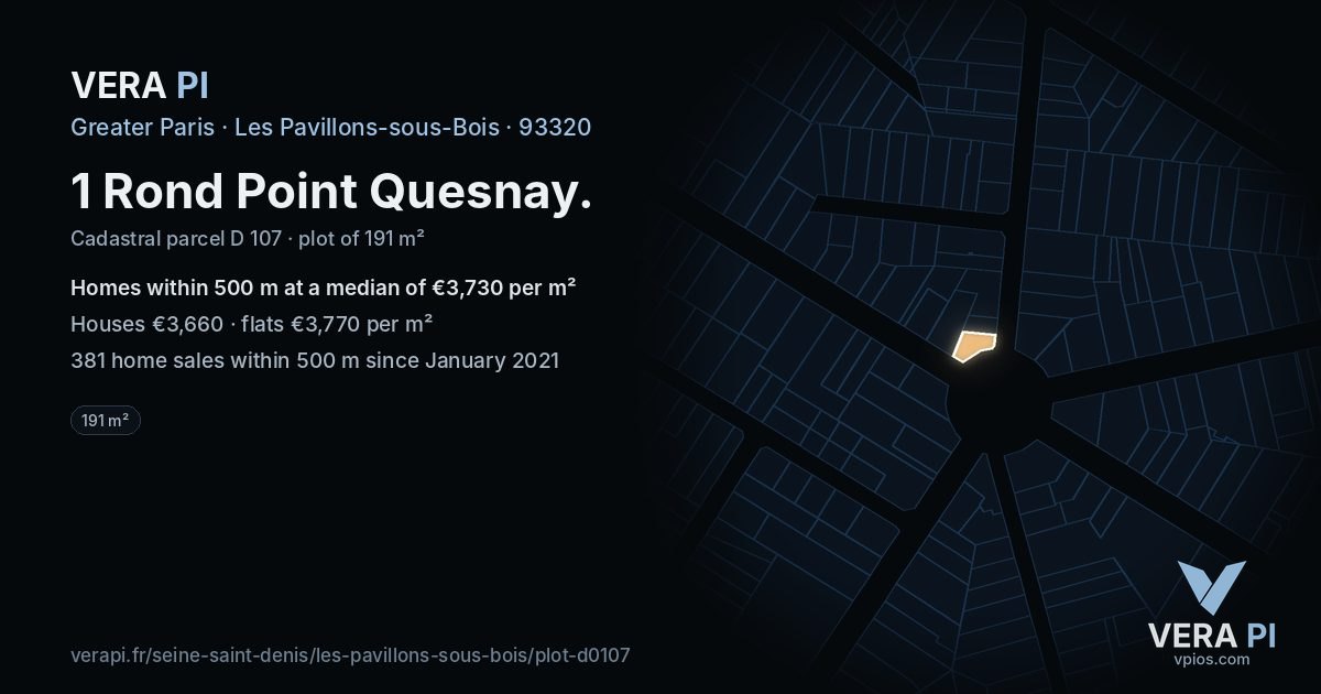 1 Rond Point Quesnay, Les Pavillons-sous-Bois at night – the plot lit, the parcels around coloured by the prices near them
