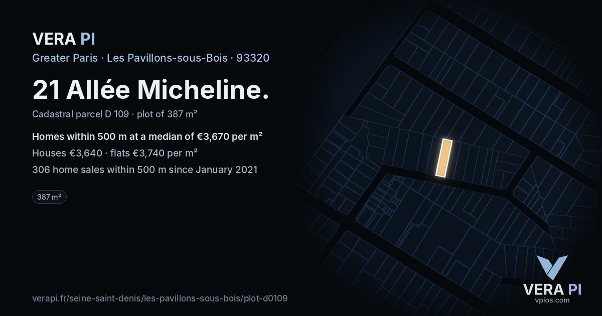 21 Allée Micheline, Les Pavillons-sous-Bois at night – the plot lit, the parcels around coloured by the prices near them