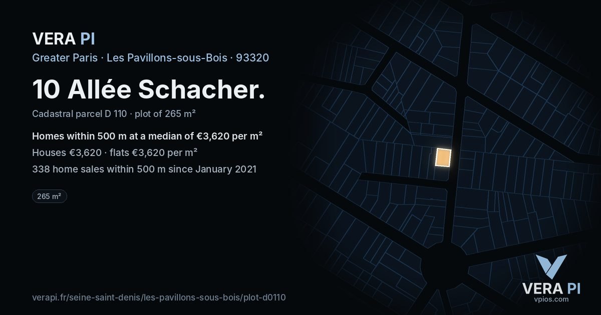 10 Allée Schacher, Les Pavillons-sous-Bois at night – the plot lit, the parcels around coloured by the prices near them