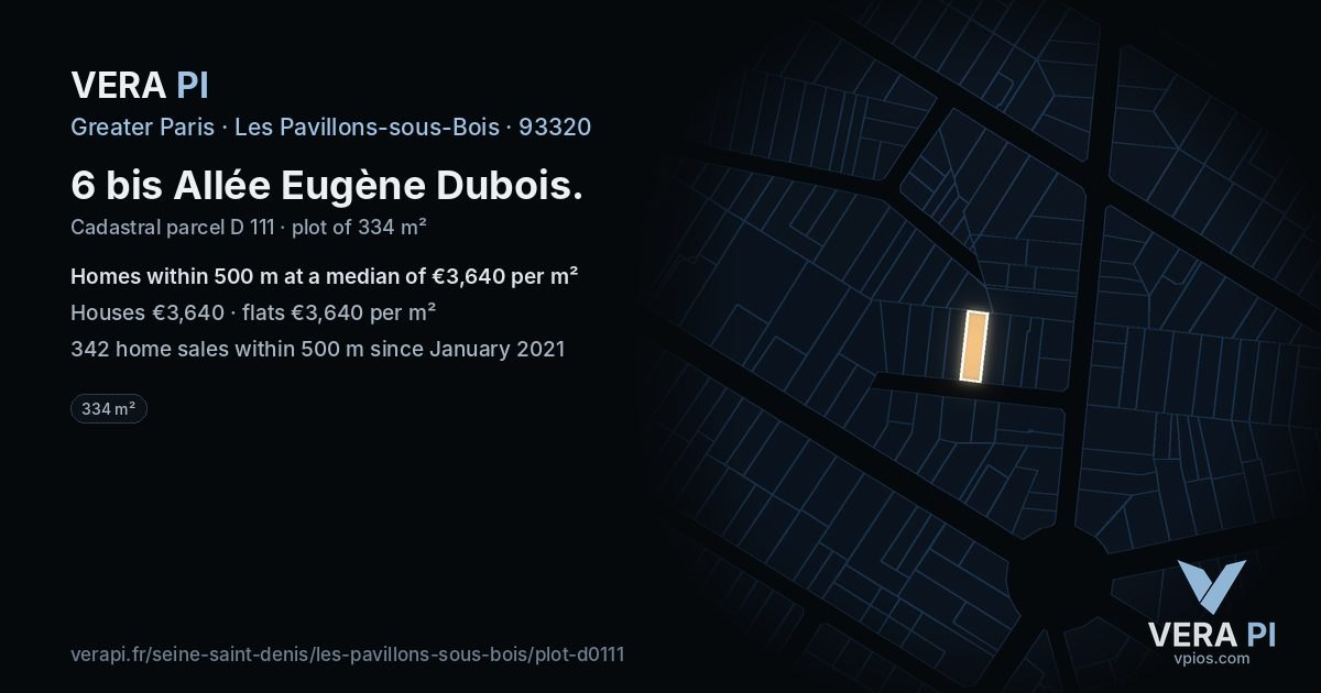 6 bis Allée Eugène Dubois, Les Pavillons-sous-Bois at night – the plot lit, the parcels around coloured by the prices near them
