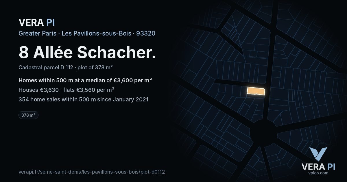 8 Allée Schacher, Les Pavillons-sous-Bois at night – the plot lit, the parcels around coloured by the prices near them