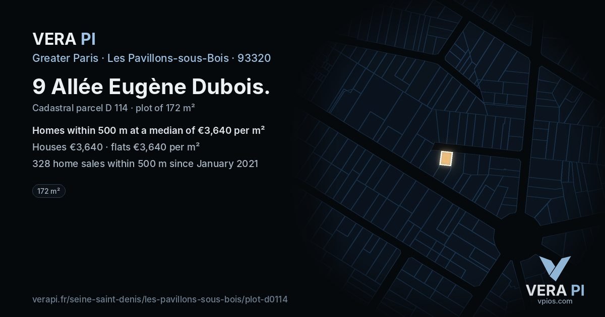 9 Allée Eugène Dubois, Les Pavillons-sous-Bois at night – the plot lit, the parcels around coloured by the prices near them
