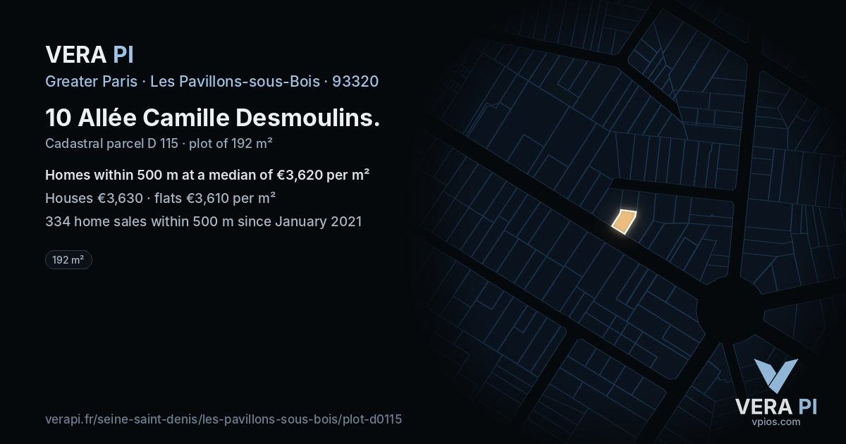10 Allée Camille Desmoulins, Les Pavillons-sous-Bois at night – the plot lit, the parcels around coloured by the prices near them