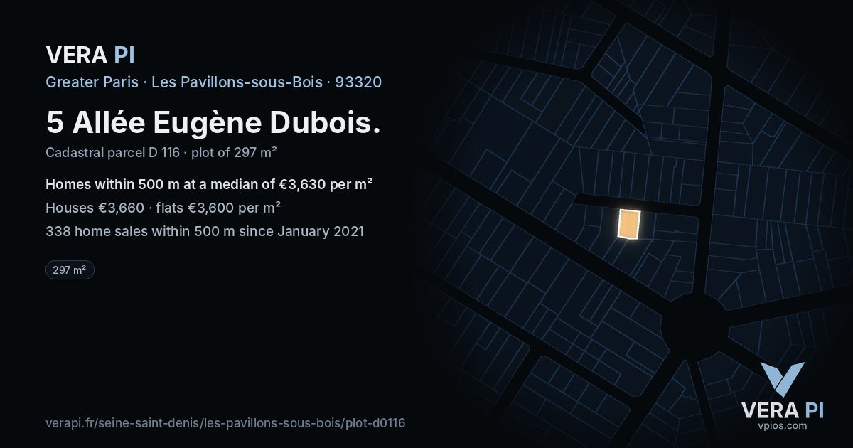 5 Allée Eugène Dubois, Les Pavillons-sous-Bois at night – the plot lit, the parcels around coloured by the prices near them
