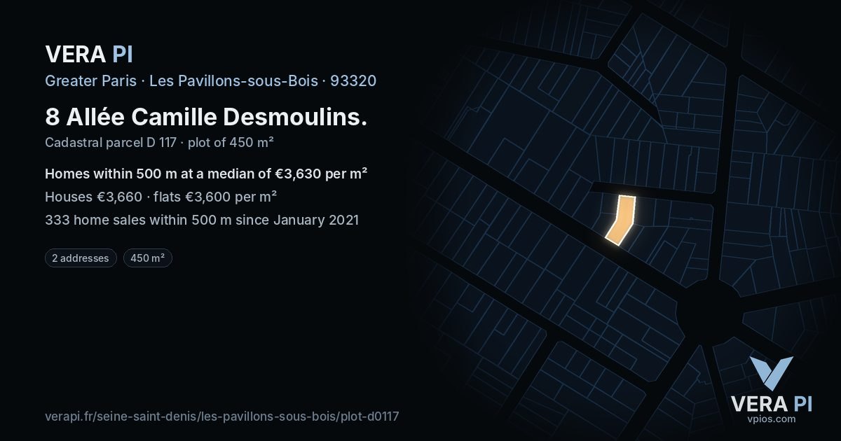 8 Allée Camille Desmoulins, Les Pavillons-sous-Bois at night – the plot lit, the parcels around coloured by the prices near them