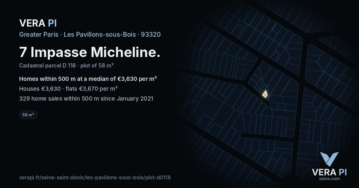 7 Impasse Micheline, Les Pavillons-sous-Bois at night – the plot lit, the parcels around coloured by the prices near them