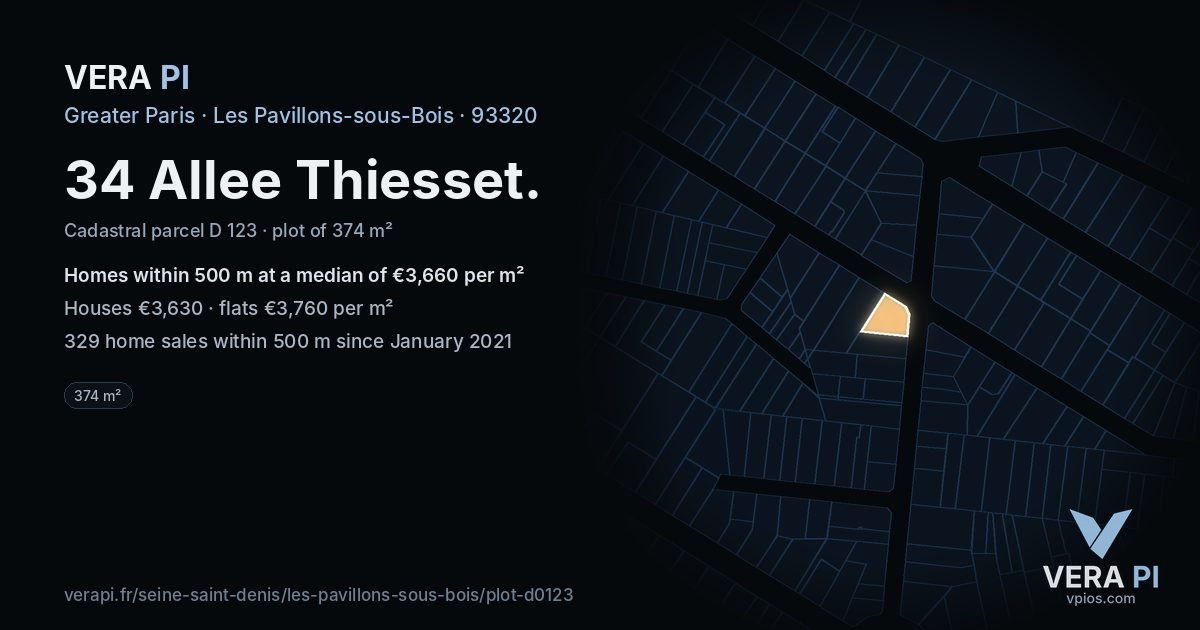 34 Allee Thiesset, Les Pavillons-sous-Bois at night – the plot lit, the parcels around coloured by the prices near them