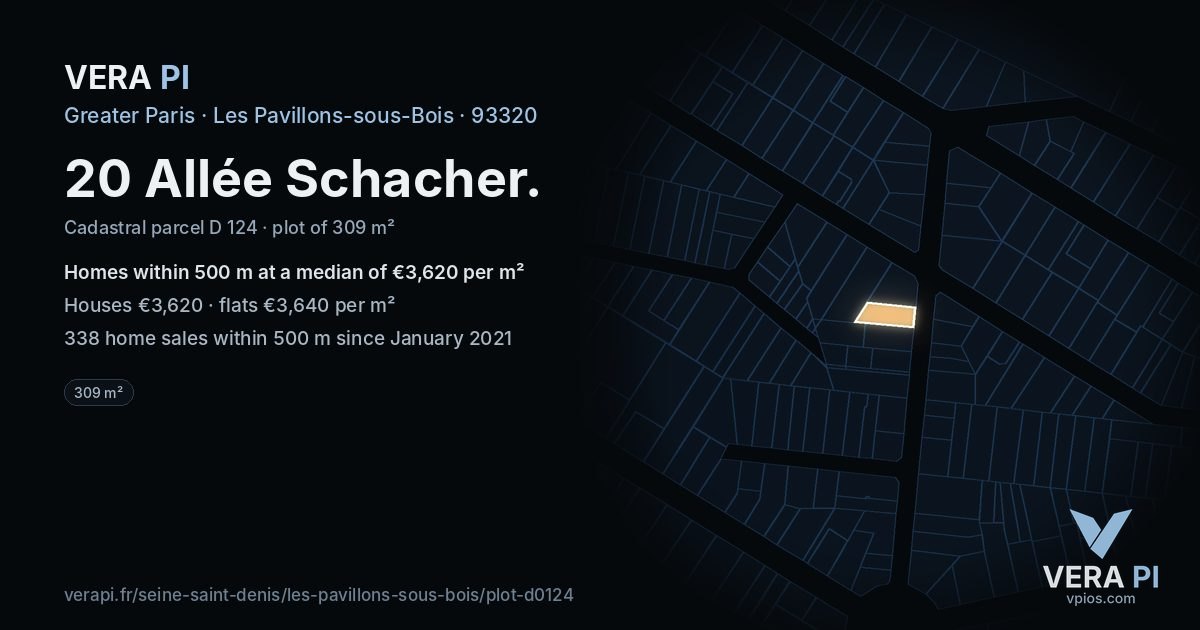 20 Allée Schacher, Les Pavillons-sous-Bois at night – the plot lit, the parcels around coloured by the prices near them