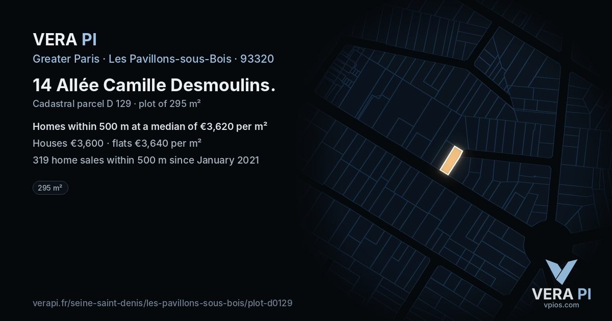 14 Allée Camille Desmoulins, Les Pavillons-sous-Bois at night – the plot lit, the parcels around coloured by the prices near them