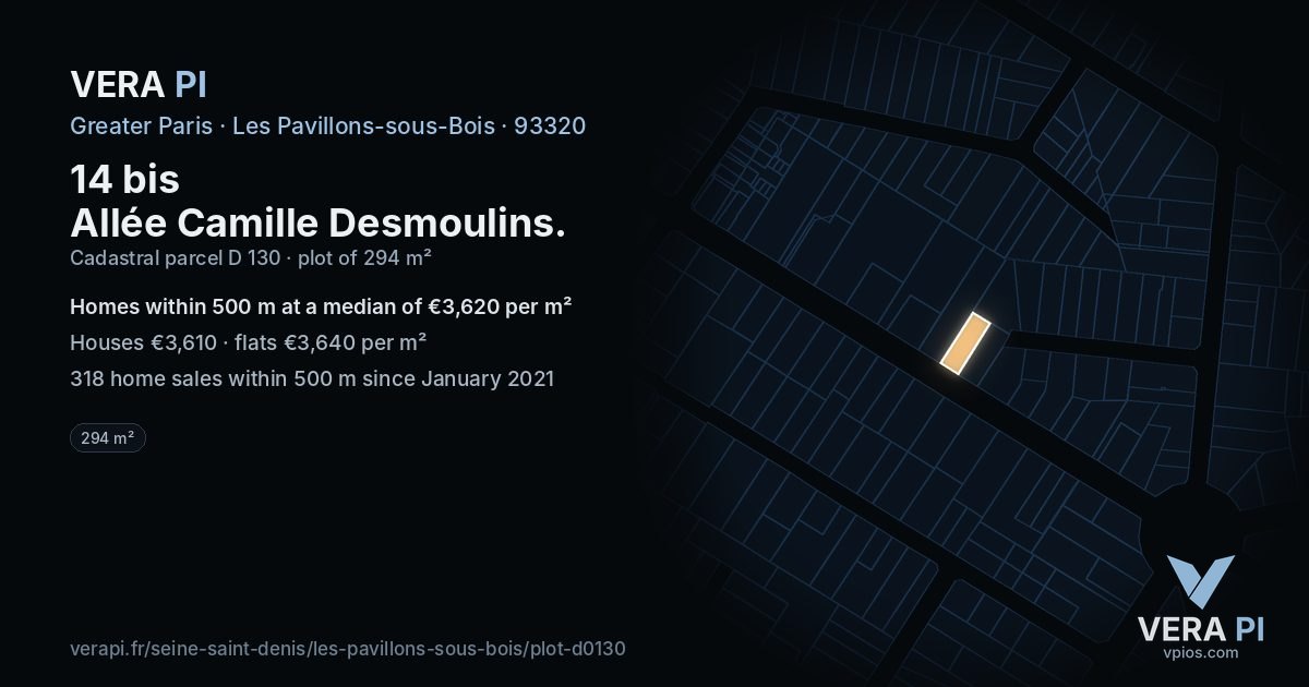 14 bis Allée Camille Desmoulins, Les Pavillons-sous-Bois at night – the plot lit, the parcels around coloured by the prices near them