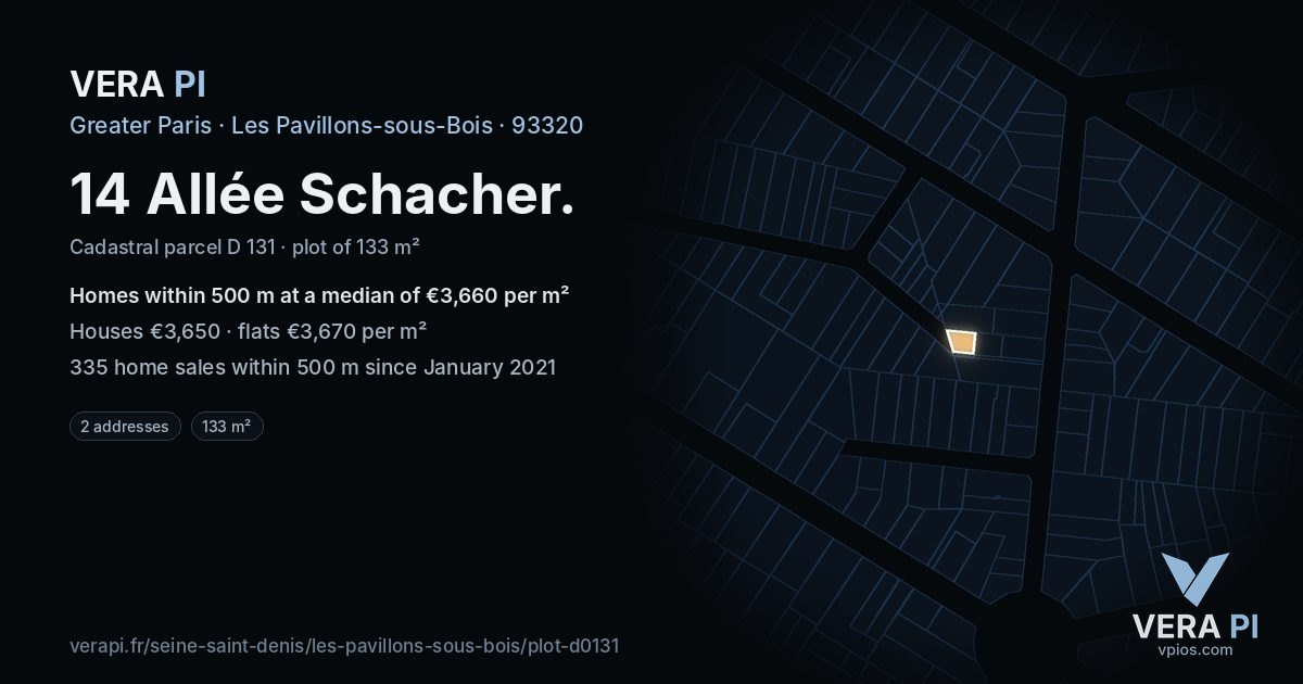 14 Allée Schacher, Les Pavillons-sous-Bois at night – the plot lit, the parcels around coloured by the prices near them