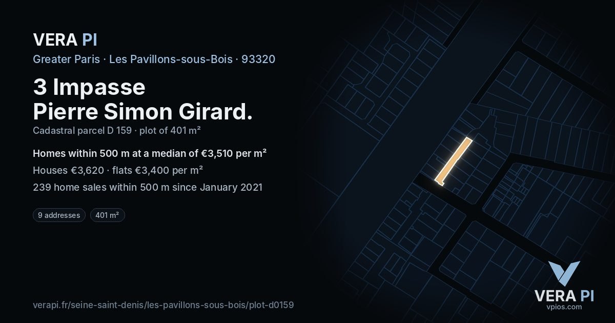 3 Impasse Pierre Simon Girard, Les Pavillons-sous-Bois at night – the plot lit, the parcels around coloured by the prices near them