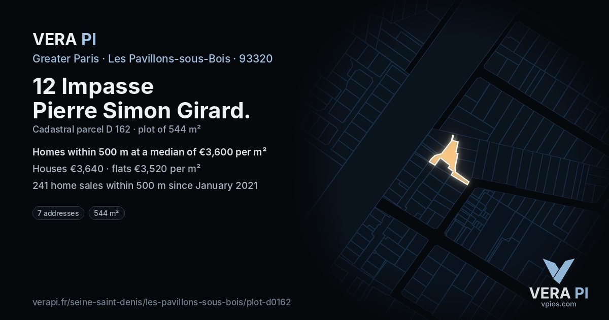 12 Impasse Pierre Simon Girard, Les Pavillons-sous-Bois at night – the plot lit, the parcels around coloured by the prices near them