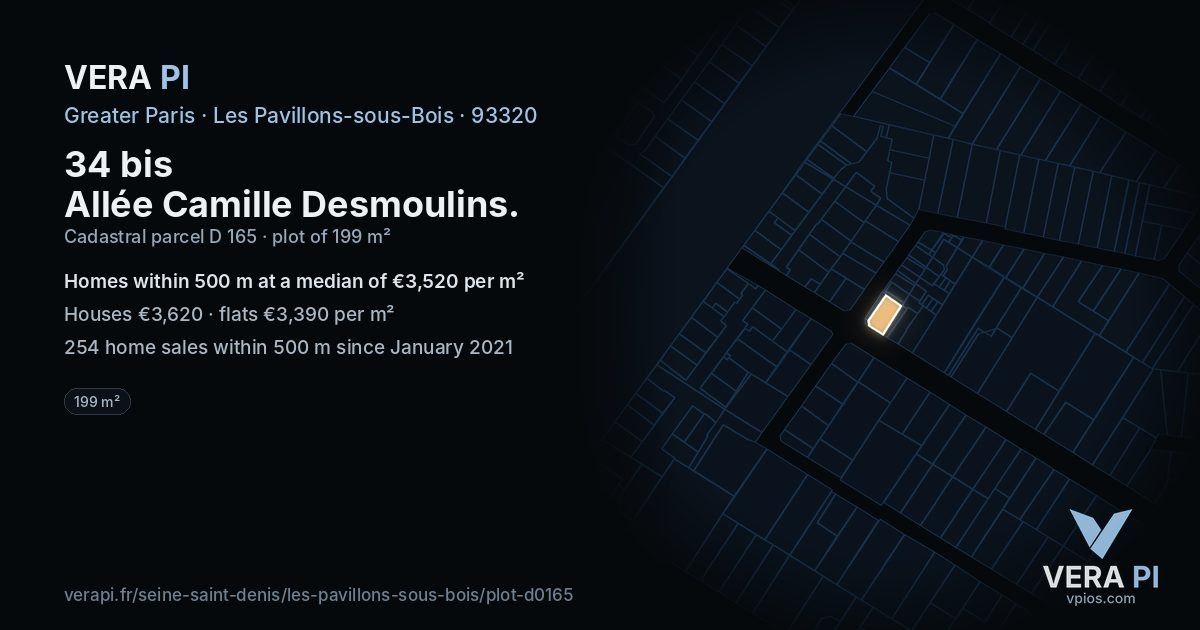 34 bis Allée Camille Desmoulins, Les Pavillons-sous-Bois at night – the plot lit, the parcels around coloured by the prices near them