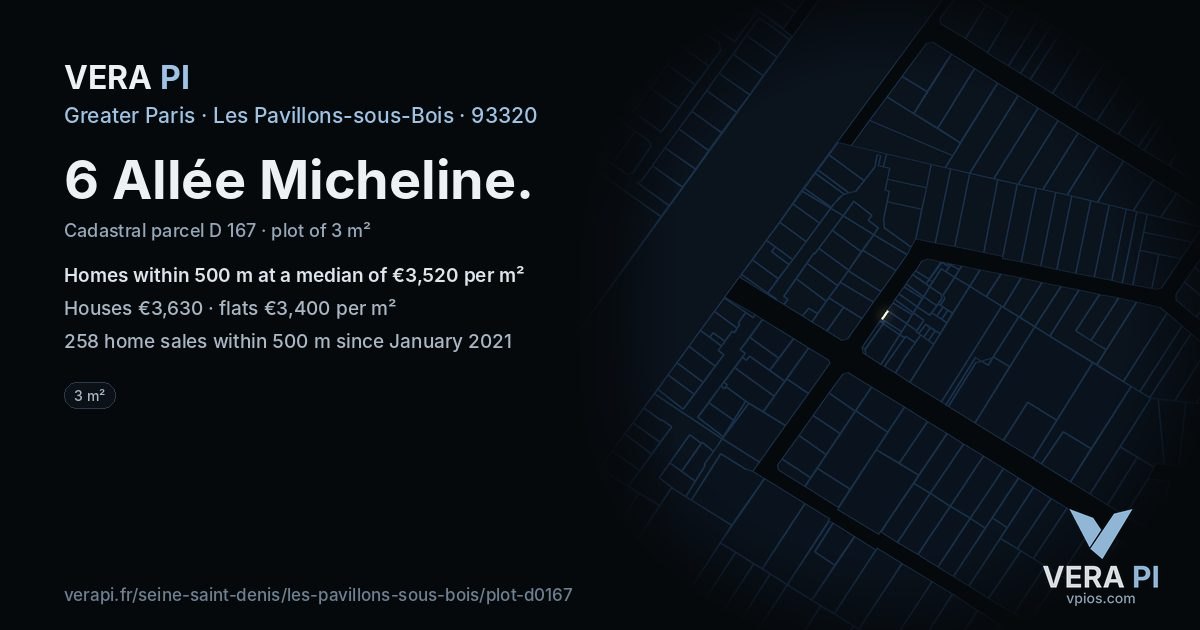 6 Allée Micheline, Les Pavillons-sous-Bois at night – the plot lit, the parcels around coloured by the prices near them