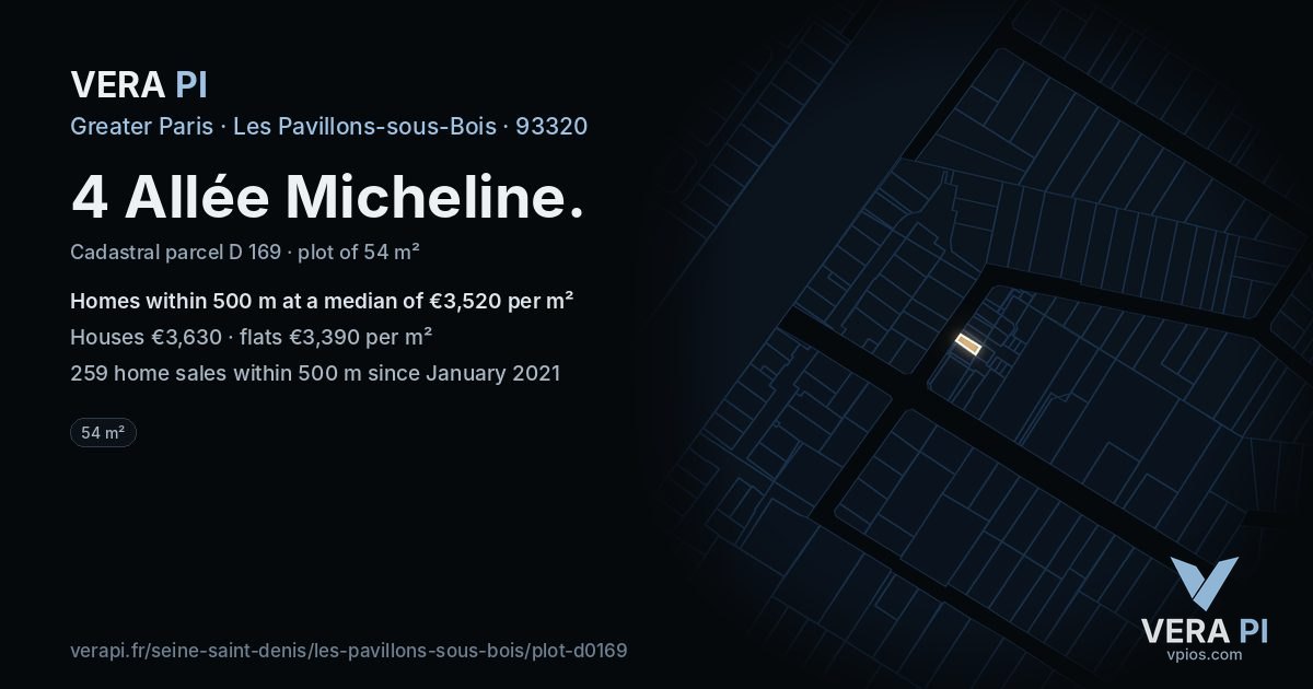 4 Allée Micheline, Les Pavillons-sous-Bois at night – the plot lit, the parcels around coloured by the prices near them