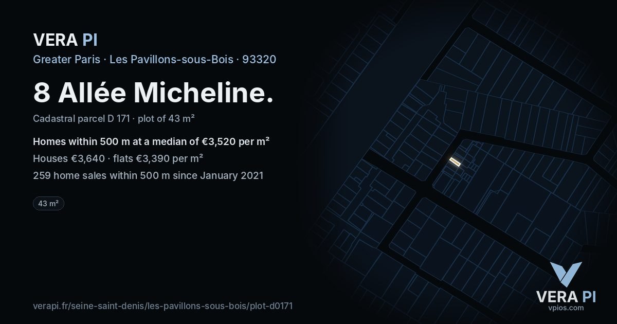 8 Allée Micheline, Les Pavillons-sous-Bois at night – the plot lit, the parcels around coloured by the prices near them