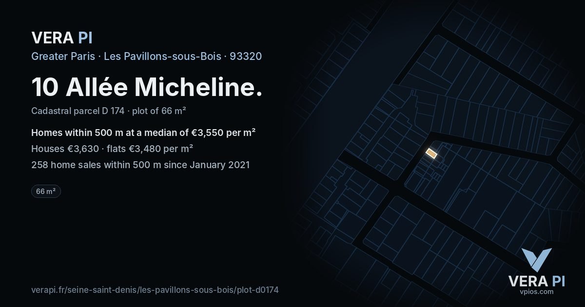 10 Allée Micheline, Les Pavillons-sous-Bois at night – the plot lit, the parcels around coloured by the prices near them