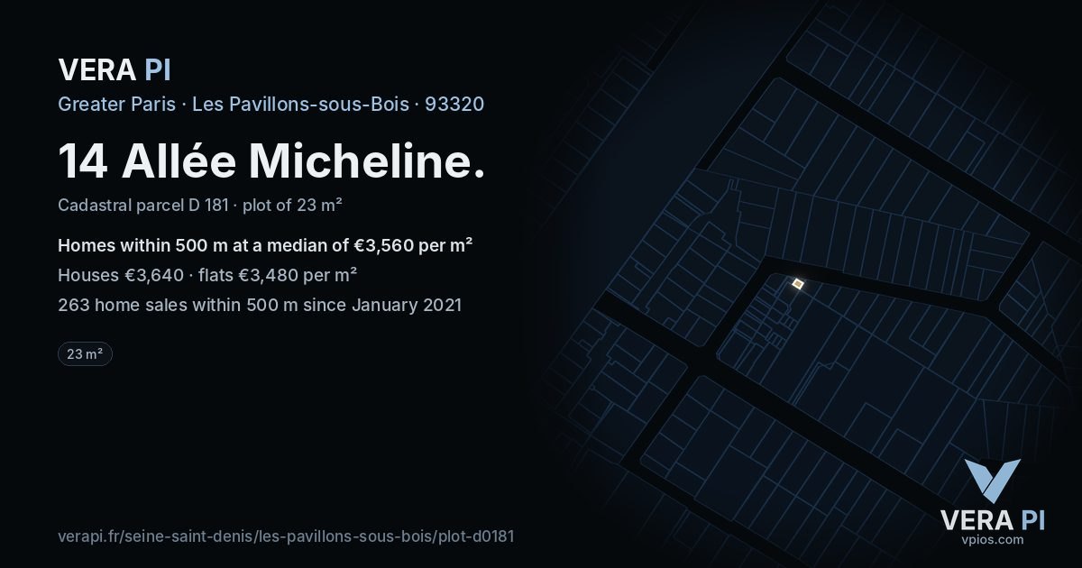 14 Allée Micheline, Les Pavillons-sous-Bois at night – the plot lit, the parcels around coloured by the prices near them