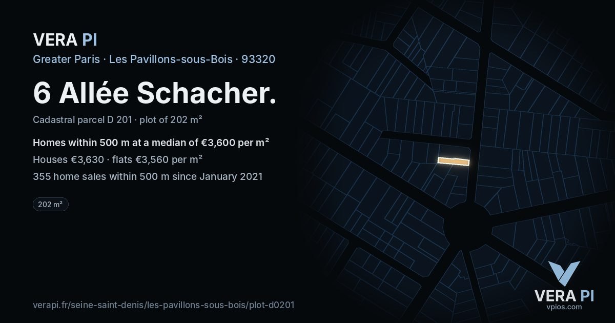 6 Allée Schacher, Les Pavillons-sous-Bois at night – the plot lit, the parcels around coloured by the prices near them