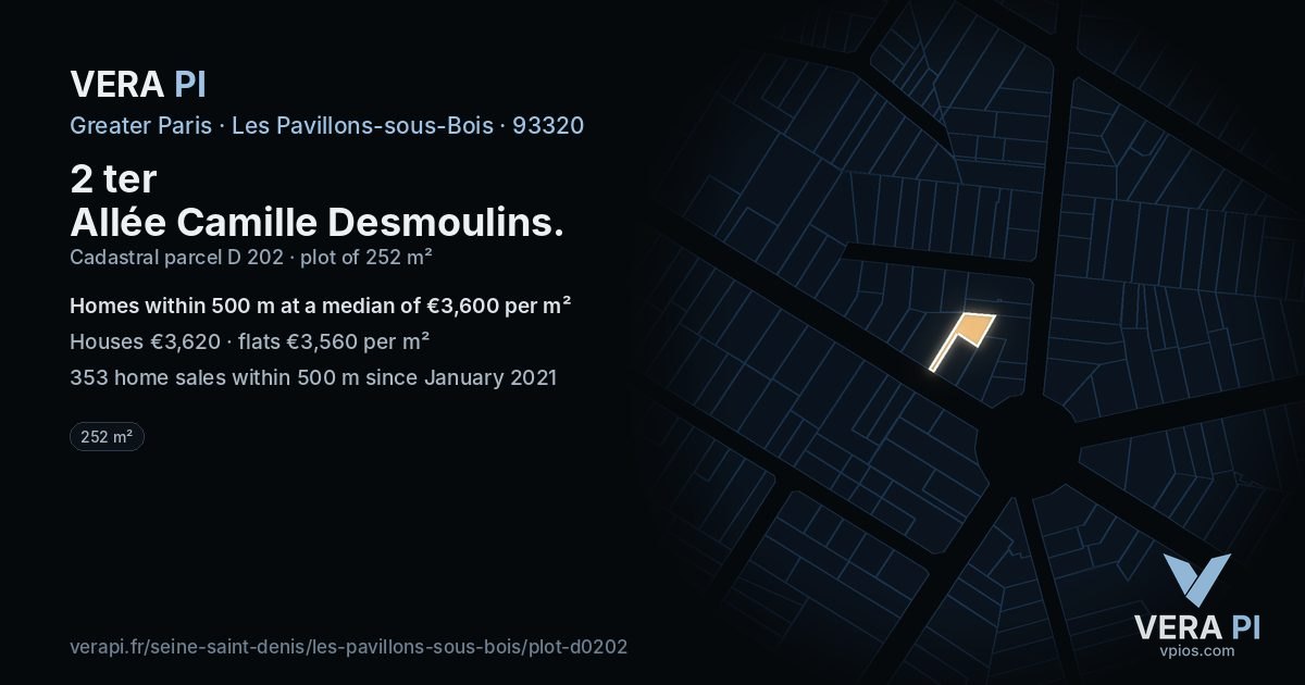 2 ter Allée Camille Desmoulins, Les Pavillons-sous-Bois at night – the plot lit, the parcels around coloured by the prices near them