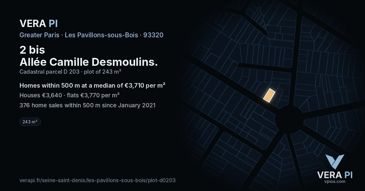 2 bis Allée Camille Desmoulins, Les Pavillons-sous-Bois at night – the plot lit, the parcels around coloured by the prices near them