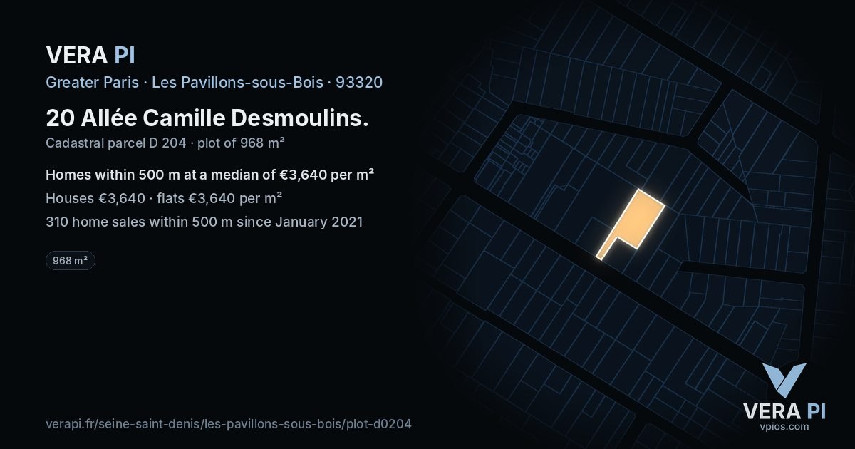 20 Allée Camille Desmoulins, Les Pavillons-sous-Bois at night – the plot lit, the parcels around coloured by the prices near them