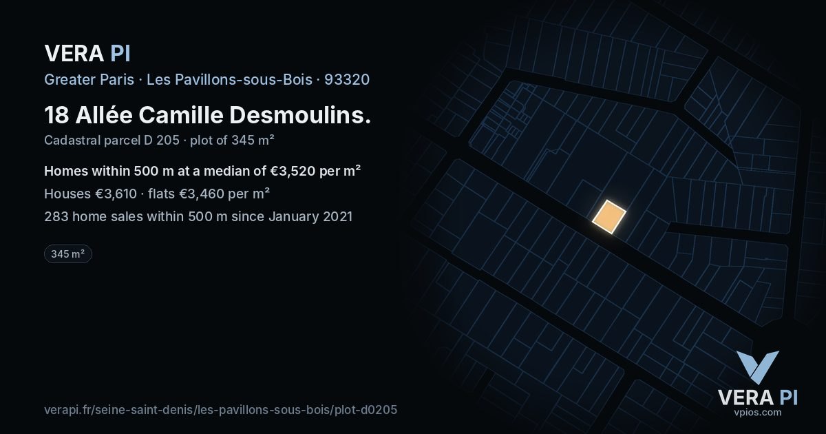 18 Allée Camille Desmoulins, Les Pavillons-sous-Bois at night – the plot lit, the parcels around coloured by the prices near them