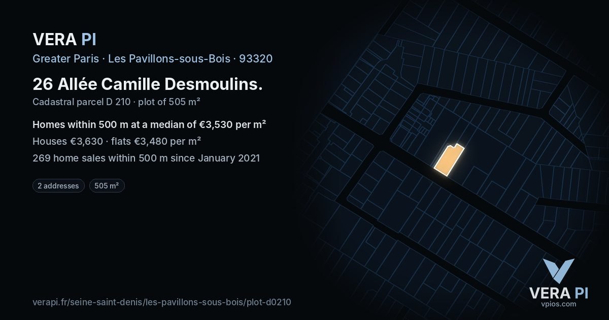 26 Allée Camille Desmoulins, Les Pavillons-sous-Bois at night – the plot lit, the parcels around coloured by the prices near them