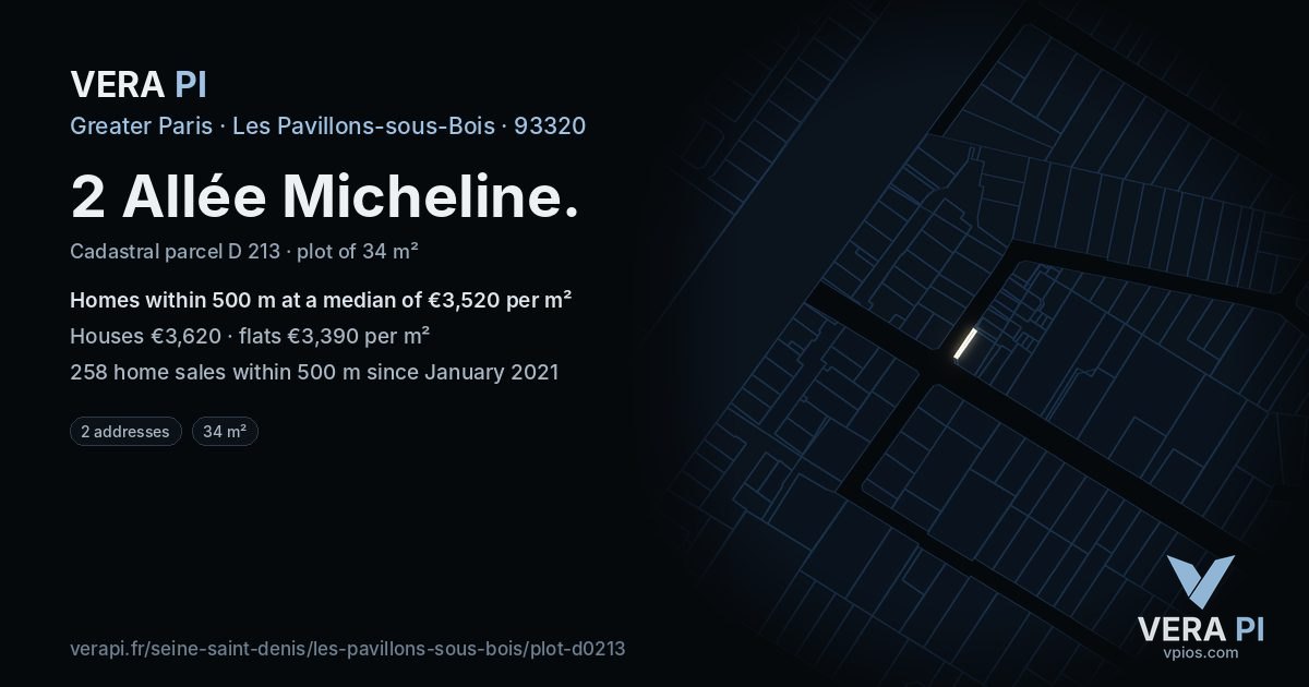 2 Allée Micheline, Les Pavillons-sous-Bois at night – the plot lit, the parcels around coloured by the prices near them