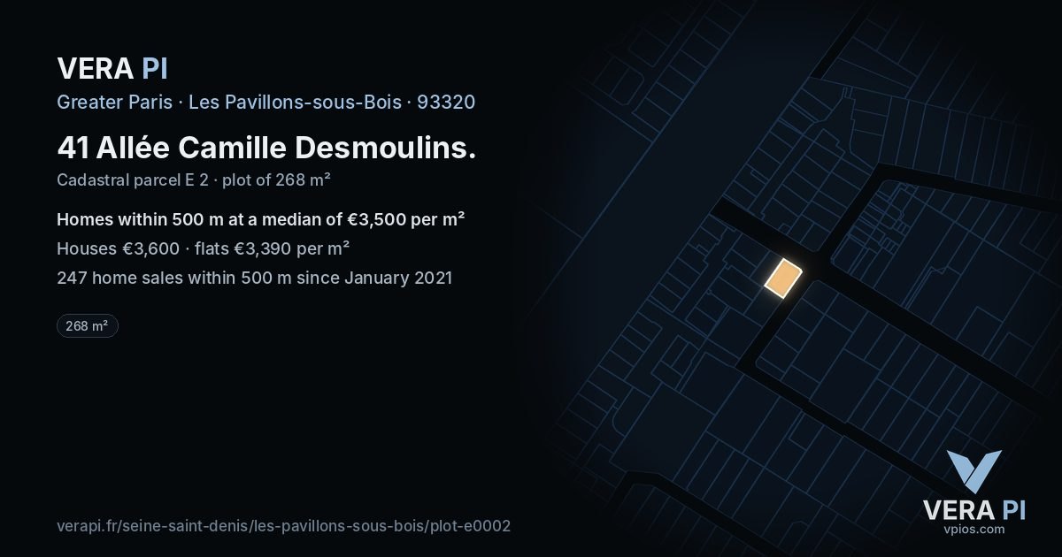 41 Allée Camille Desmoulins, Les Pavillons-sous-Bois at night – the plot lit, the parcels around coloured by the prices near them