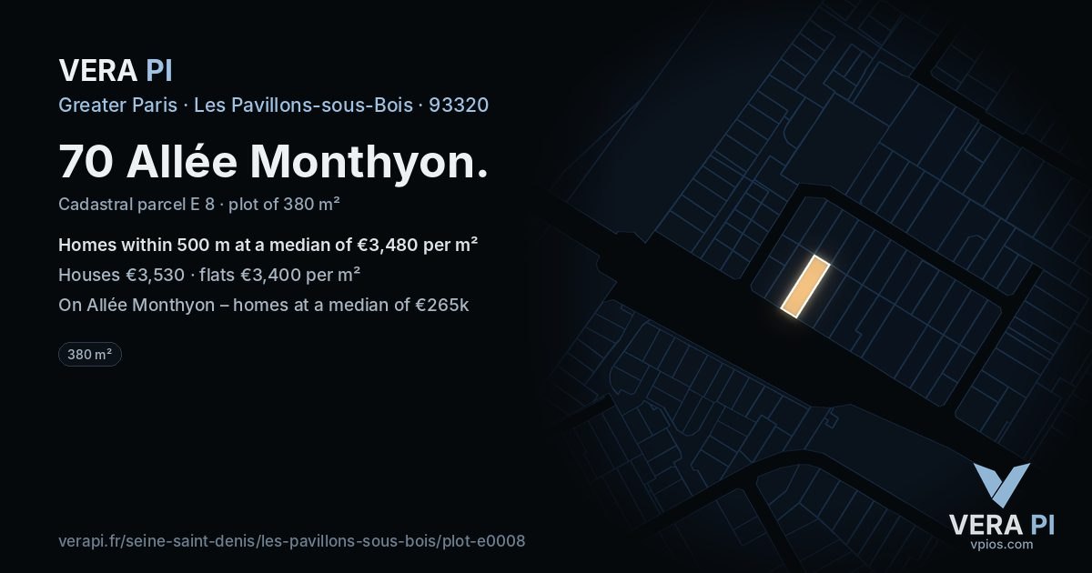 70 Allée Monthyon, Les Pavillons-sous-Bois at night – the plot lit, the parcels around coloured by the prices near them