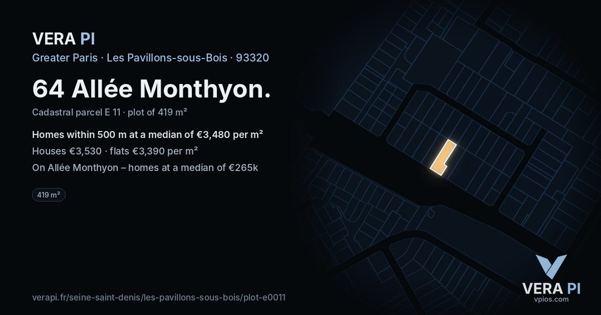 64 Allée Monthyon, Les Pavillons-sous-Bois at night – the plot lit, the parcels around coloured by the prices near them