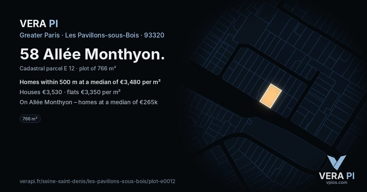58 Allée Monthyon, Les Pavillons-sous-Bois at night – the plot lit, the parcels around coloured by the prices near them