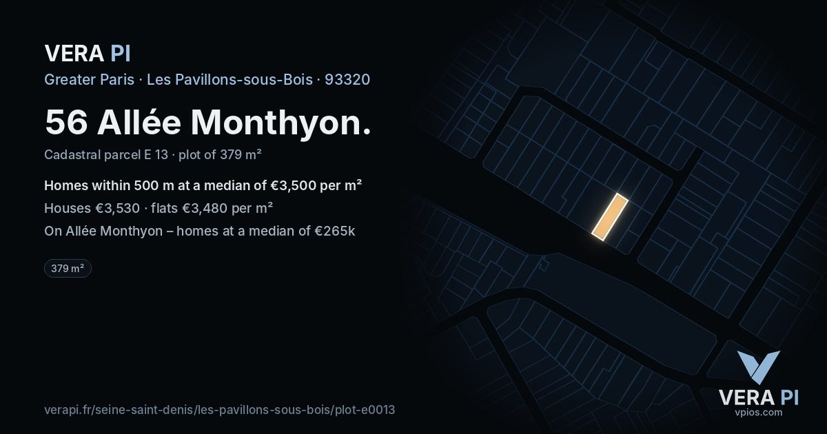 56 Allée Monthyon, Les Pavillons-sous-Bois at night – the plot lit, the parcels around coloured by the prices near them