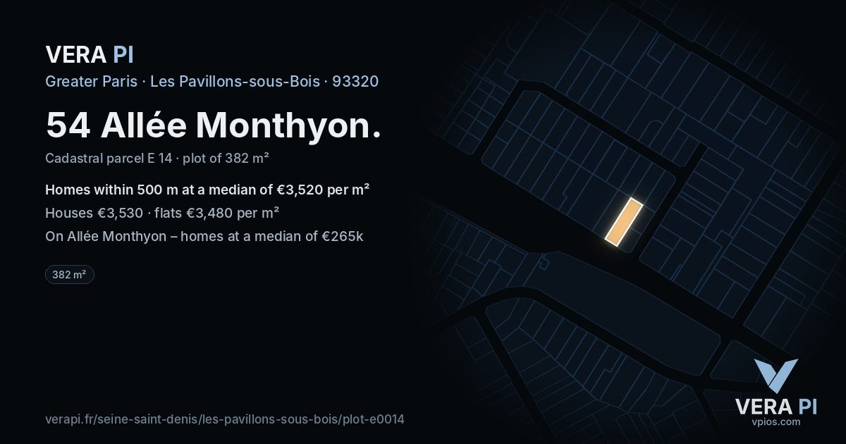 54 Allée Monthyon, Les Pavillons-sous-Bois at night – the plot lit, the parcels around coloured by the prices near them