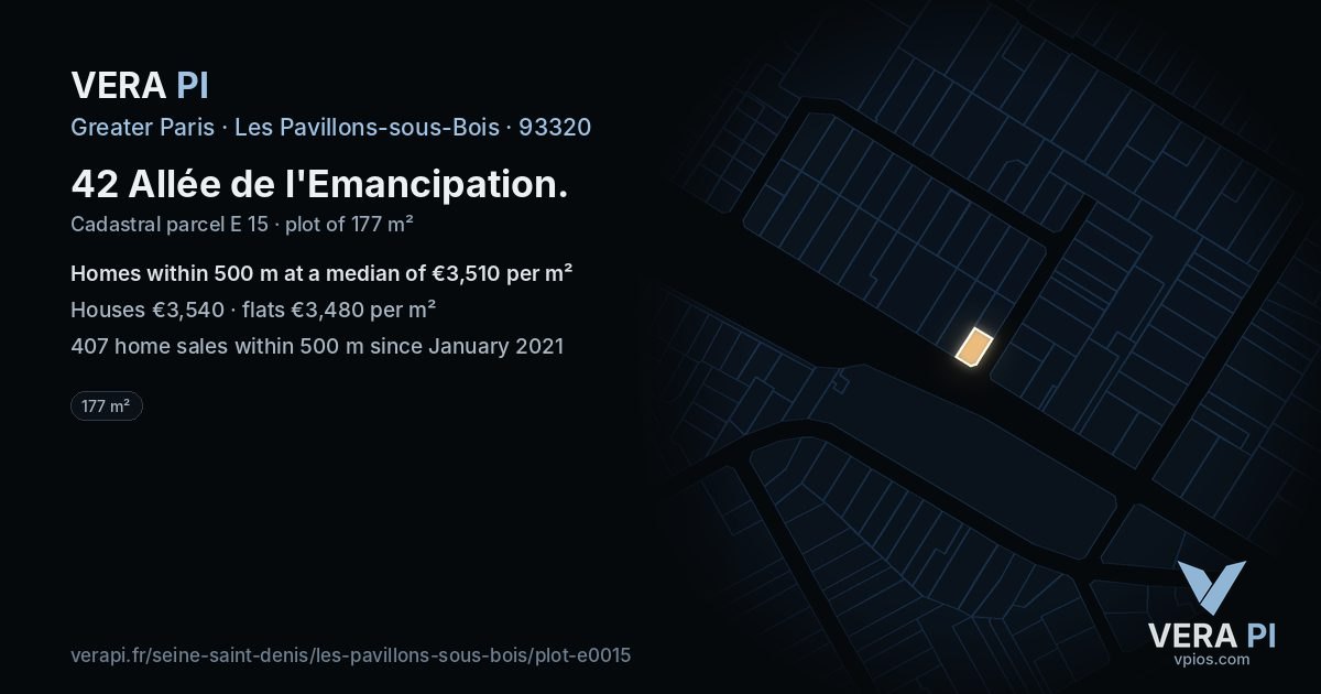 42 Allée de l'Emancipation, Les Pavillons-sous-Bois at night – the plot lit, the parcels around coloured by the prices near them