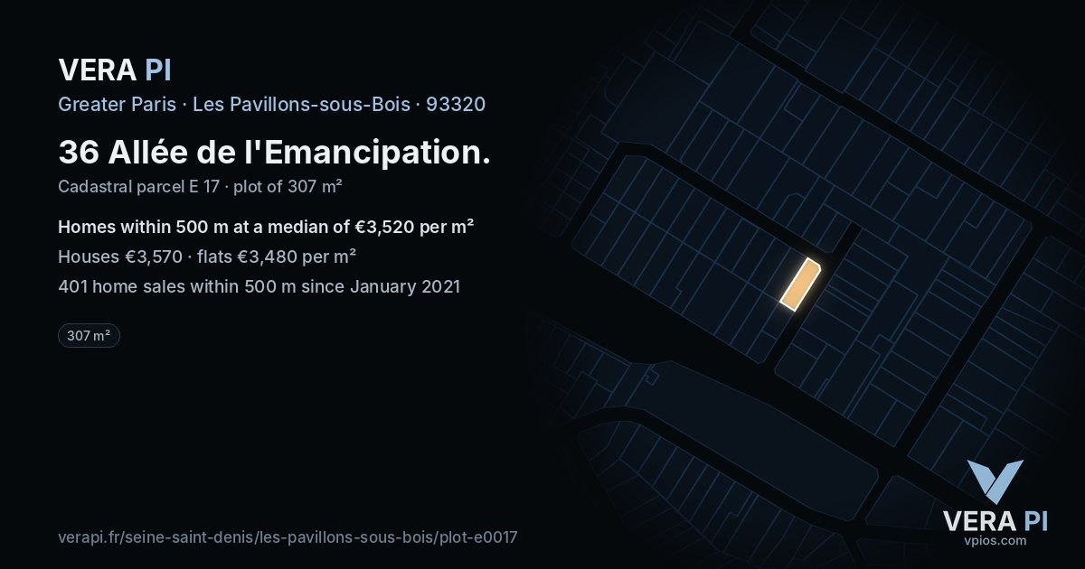 36 Allée de l'Emancipation, Les Pavillons-sous-Bois at night – the plot lit, the parcels around coloured by the prices near them