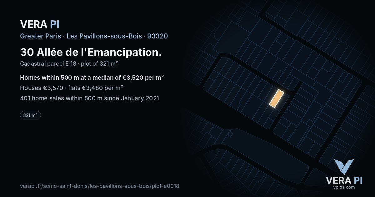 30 Allée de l'Emancipation, Les Pavillons-sous-Bois at night – the plot lit, the parcels around coloured by the prices near them