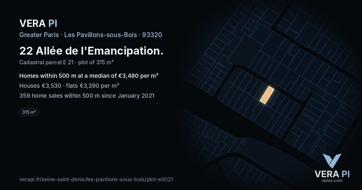 22 Allée de l'Emancipation, Les Pavillons-sous-Bois at night – the plot lit, the parcels around coloured by the prices near them