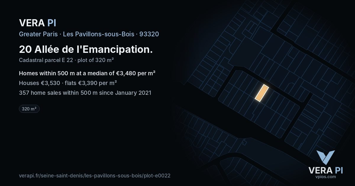 20 Allée de l'Emancipation, Les Pavillons-sous-Bois at night – the plot lit, the parcels around coloured by the prices near them
