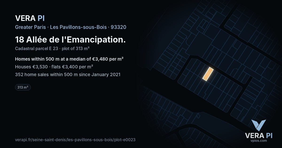 18 Allée de l'Emancipation, Les Pavillons-sous-Bois at night – the plot lit, the parcels around coloured by the prices near them