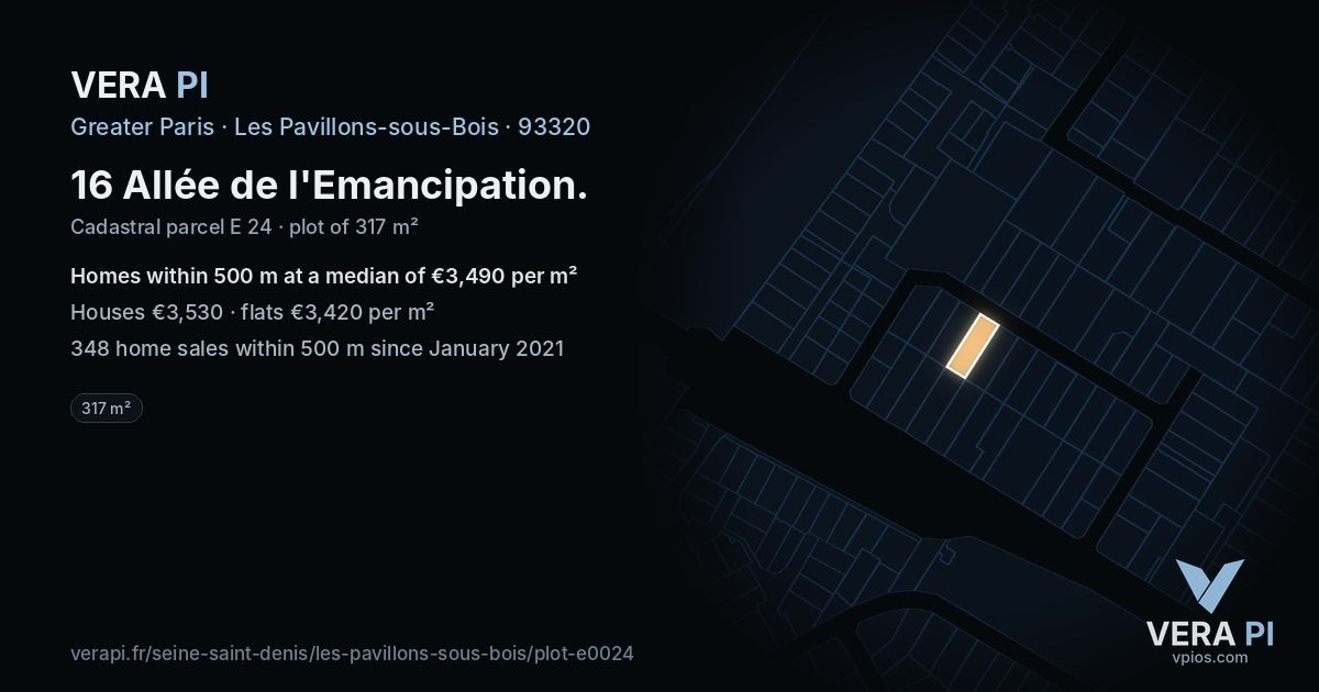 16 Allée de l'Emancipation, Les Pavillons-sous-Bois at night – the plot lit, the parcels around coloured by the prices near them