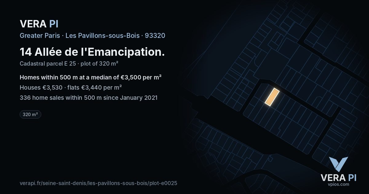 14 Allée de l'Emancipation, Les Pavillons-sous-Bois at night – the plot lit, the parcels around coloured by the prices near them